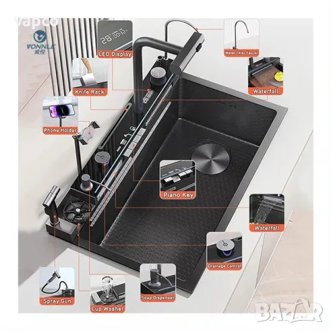 85см Модерна мултифункционална кухненска мивка с двовен водопад 20 в 1, снимка 6 - Мивки - 49008739