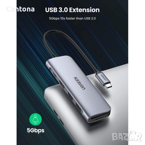 UGREEN USB C Hub 6 в 1 USB-C към 4K HDMI, 2xUSB 3.0, PD 100 W, SD/TF четец на карти, снимка 6 - Други - 40517213