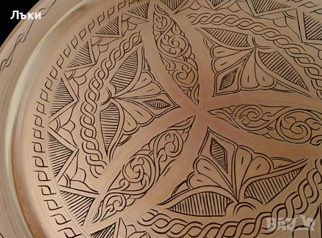 Меден поднос,чиста червена мед 650 гр.,гравиран. , снимка 4 - Антикварни и старинни предмети - 51514738