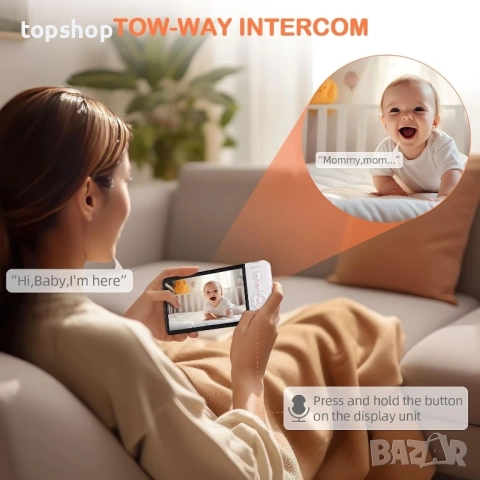 Бебефон без WiFi с 5” HD монитор, камера и аудио, сензор за стайна температура, автоматично нощно..., снимка 7 - Бебефони - 51637849