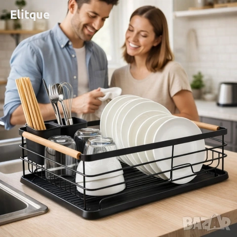 Компактен сушилник за съдове с отцеждаща табла Cheffinger – метален, 43 x 32 x 14 см, модерен дизайн, снимка 4 - Други стоки за дома - 53179898