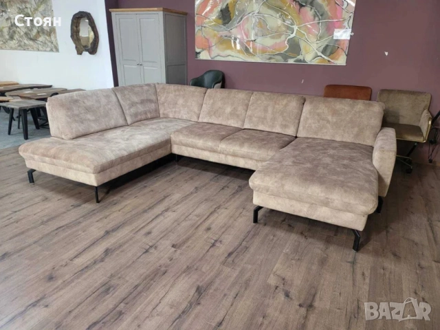 ПРОМОЦИЯ!!! Светло кафяв/бежов П-образен ъглов диван от плат LS701521