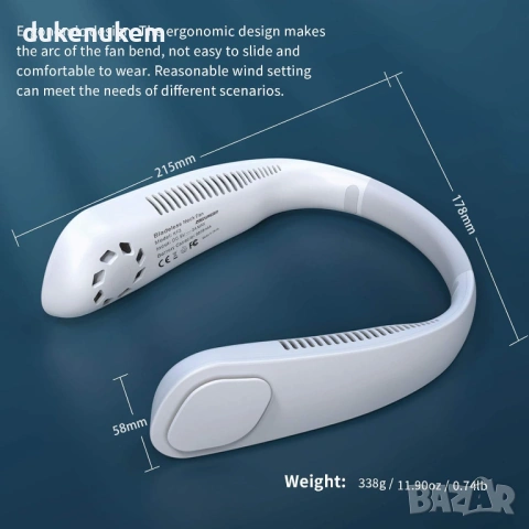 Преносим вентилатор за врат 9000 mAh, USB, 360° сгъваема глава, снимка 2 - Вентилатори - 53333314