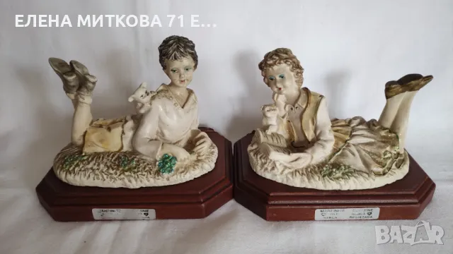 2 португалски порцеланови статуетки върху дървена основа Magnifite Genuine Tulip