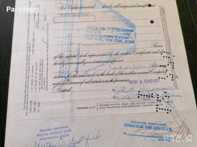 Сертификат за 100 акции (САЩ) | West Virginia Pulp and Paper Company | 1967г., снимка 6 - Други ценни предмети - 29320352