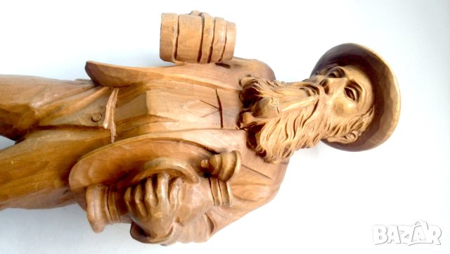 Стара голяма дървена фигура на ловец с лула и халба бира, снимка 5 - Антикварни и старинни предмети - 42060036
