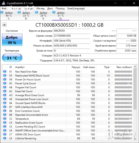 Crucial BX500 SSD 1TB (1000GB) 2.5", снимка 3 - Твърди дискове - 56092134