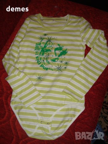  Боди за момиче зелено и бяло райе с дълъг ръкав размер 152