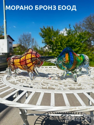 Уникален чифт масивни стъклени бикове стил "Мурано" – 4 кг (24 см)