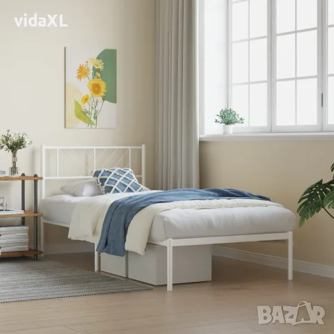 vidaXL Метална рамка за легло с горна табла, бяла, 80x200 см, снимка 2 - Спални и легла - 56147390