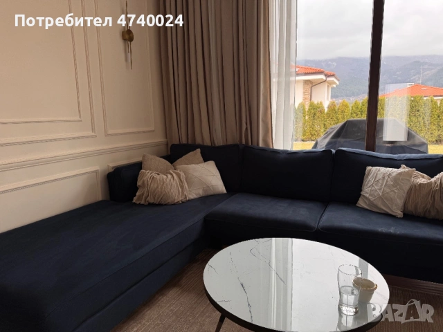 Поръчков диван синьо кадифе 