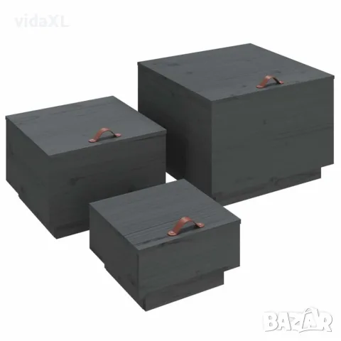 vidaXL Кутии за съхранение с капаци 3 бр сиви борова дървесина масив