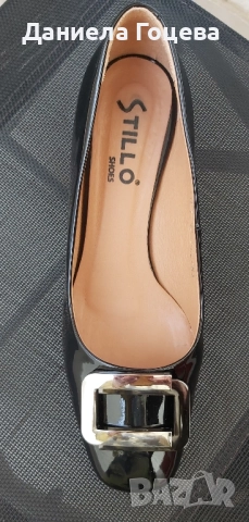 Черни естествен лак обувки с катарама и нисък ток, снимка 7 - Дамски обувки на ток - 52481768