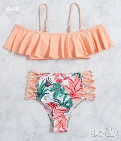 Прасковен цвят бански костюм, с падащи ръкави, и шарено долнище, снимка 3 - Бански костюми - 36652848