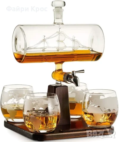 Стъклена бутилка за алкохол с 4 чаши, Буре с вграден кораб, диспенсър за уиски, подарък за мъж, снимка 2 - Подаръци за мъже - 51376777
