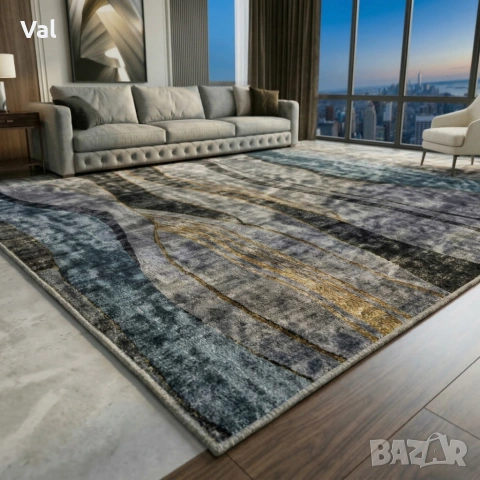 Модерен килим за хол 120х160см - Мраморен ефект в сиво и черно и 3D ефект, Противоплъзгащ, снимка 2 - Килими - 53932684