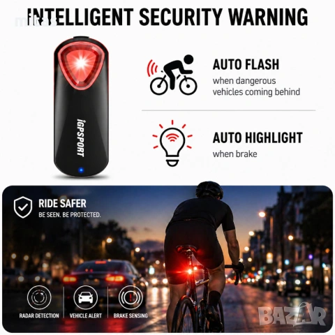 Задна SMART LED стоп светлина с радар IGPSPORT SR30, Bluetooth/ANT+, IPX7, снимка 9 - Аксесоари за велосипеди - 54344114