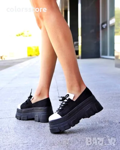 Обувки на платформа - черен велур и бяла кожа - DA60