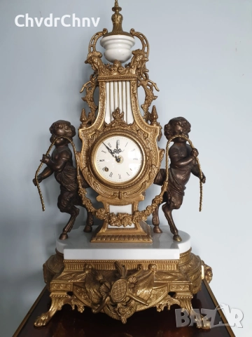 Италия 1960-те Hermle/63см-14кг Арт Деко италиански каминен часовник/бронзови фигури-бял мрамор