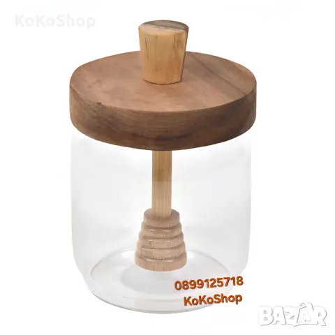 Буркан за мед с дървен капак и лъжичка-450 мл./буркан за мед