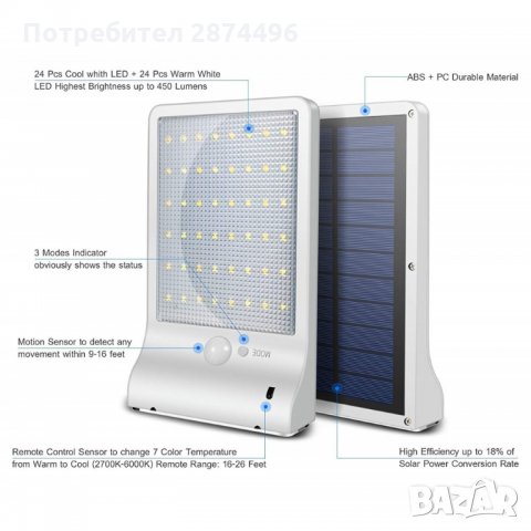 Външно Соларна осветление, лампа с 48 диода за стена със сензор за движение, снимка 6 - Соларни лампи - 34995751
