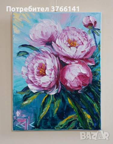 "Божури" Картина 50х40см, Маслена живопис с шпакла, снимка 2 - Картини - 54051466