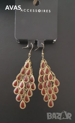 Нови висящи обеци форма ромб бордо със златно