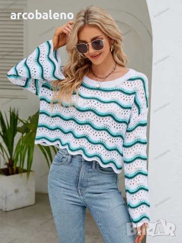 Дамски моден пуловер с дълги ръкави и кръгло деколте на райета, 3цвята - 023 , снимка 14 - Блузи с дълъг ръкав и пуловери - 42304853