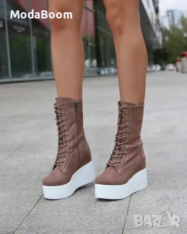 Боти на платформа - Велур, снимка 4 - Дамски боти - 48758987