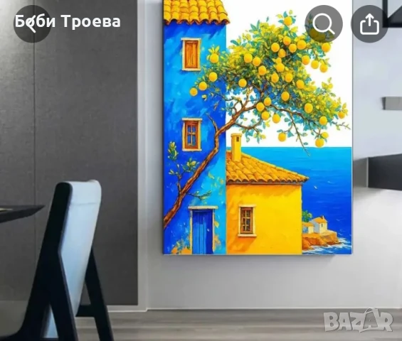 Средиземноморска крайбрежна картина на платно - Испанска вила в стил сини и жълти цветове, снимка 2 - Картини - 50989233