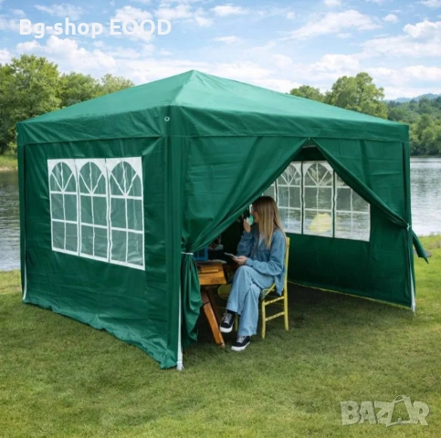 Шатра, За градина, Тераса, Метална рамка, 4 стени, С прозорци, Зелена, 4x3x2.6 м, снимка 7 - Други - 53892194