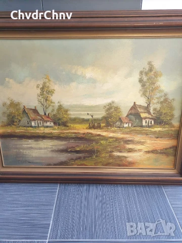 122х92см/стара голяма картина масло върху платно/пейзаж/къщи-кладенец/дървена рамка, снимка 2 - Картини - 51131307