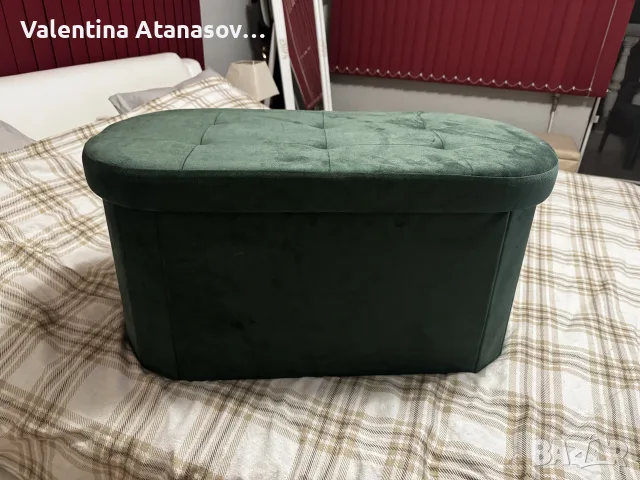 Нова Сгъваема Табуретка с Ракла - Пуф за Съхранение, Зелен Кадифе, Овална
