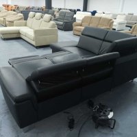 Черен кожен ъглов диван "Boreas" с релаксиращ механизъм, снимка 10 - Дивани и мека мебел - 39394554