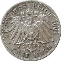Монета Баден 5 Марки 1901-G Крал Фридрих I, снимка 2 - Нумизматика и бонистика - 37898723