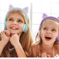 Котешки детски слушалки, Безжични, LED цветни светлини / Цвят: черен, син, розов, лилав, зелен , снимка 6 - Друга електроника - 41884746