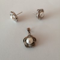 Сребърени обеци с перли и цирконий - 925 сребро , снимка 4 - Обеци - 30427012