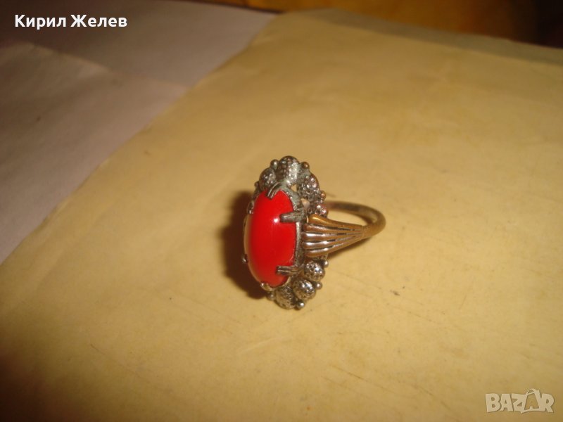 СТАР БРОНЗОВ РЕТРО АР НУВО ФЛОРАЛЕН ПРЪСТЕН с ЧЕРВЕН КАТАЛИН 22337, снимка 1