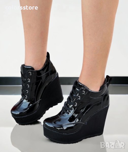 Боти на платформа - черен лак - NO4, снимка 1