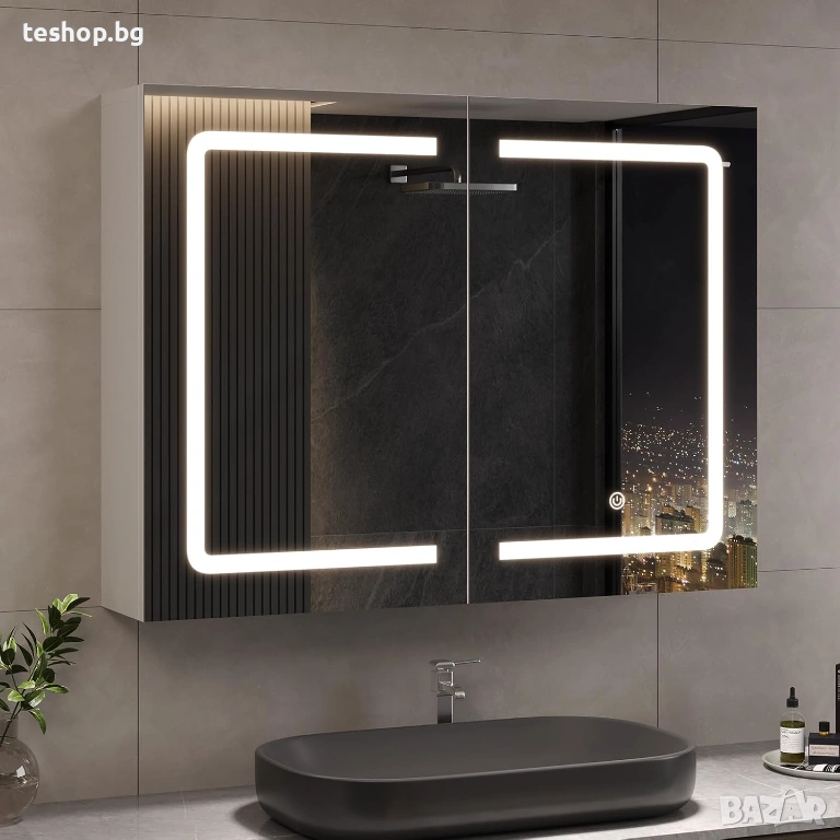 Шкаф за баня с огледало и осветление, 80 x 16 x 60 см, с LED и контакт DICTAC бял, снимка 1