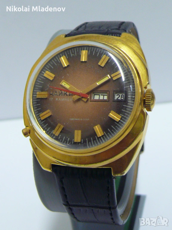 Съветски Позлатен ЧАЙКА/CHAIKA Мъжки ръчен часовник, работещ! С ден/дата, снимка 1