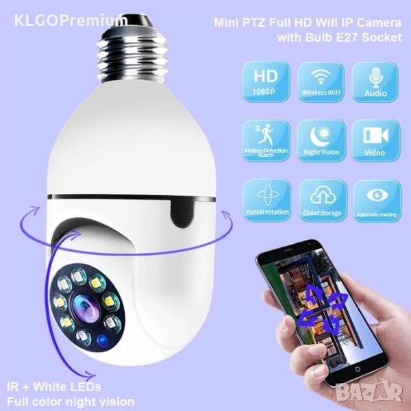 Въртяща безжична 2mp WIFI камера крушка куполна IP скрита със звук, снимка 1