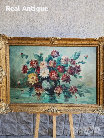 Натюрморт огромен масло автор рамка платно, снимка 3 - Антикварни и старинни предмети - 51050642