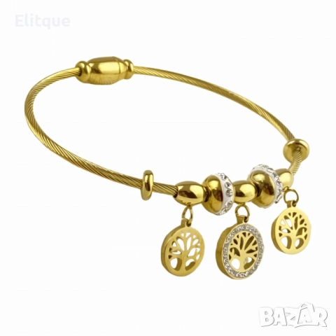 Дамска твърда гривна от медицинска стомана с висулки Дървото на живота и елементи с камъни цирконии, снимка 8 - Гривни - 52895159