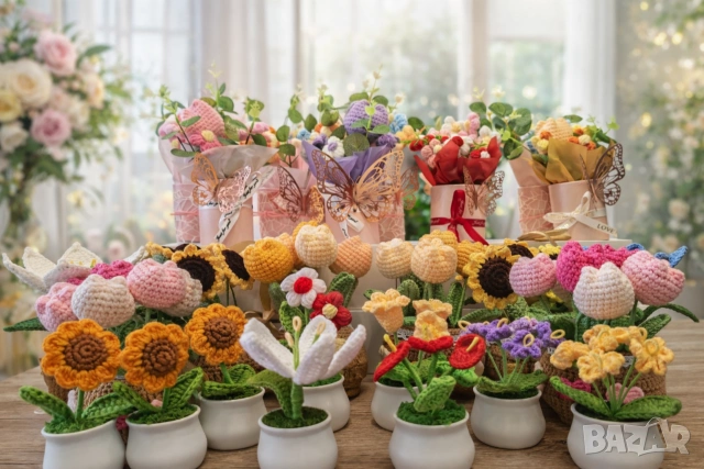 Ръчно плетени цветя, саксии и подаръчни кутии, снимка 2 - Декорация за дома - 54053635