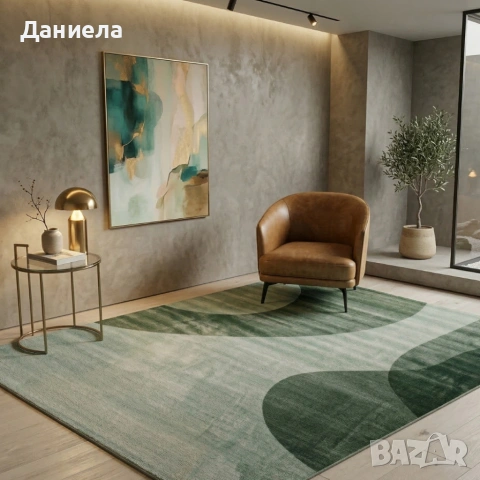 Модерен килим за хол 120х160см - Зелени вълни на светъл фон и 3D ефект, Противоплъзгащ, снимка 7 - Килими - 53882181