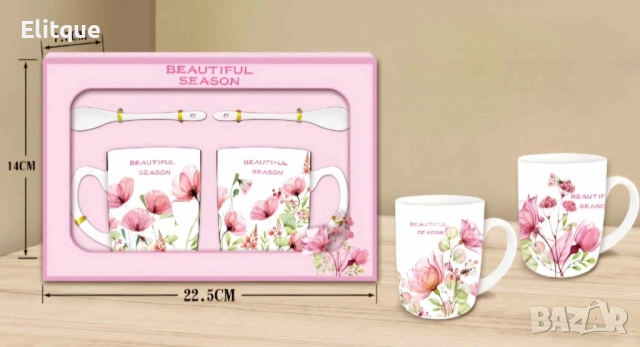 Порцеланов комплект 2 чаши с 2 лъжици, снимка 4 - Чаши - 52861449