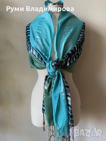 Тюркоазено син шал от коприна, кашмир, вълна, памук/ ралични видове, снимка 17 - Шалове - 47418018