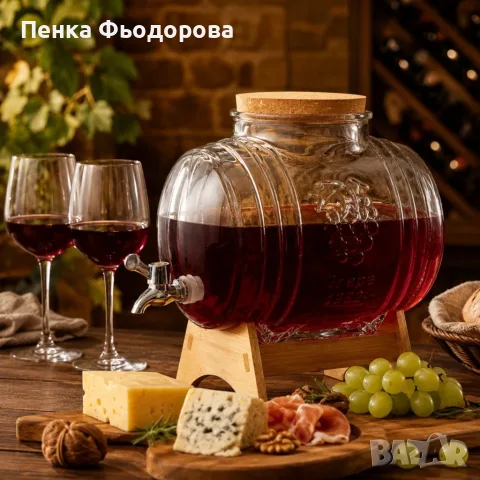 Стъклено буре 5 литра, с кранче и дървена поставка за вино, ракия и домашни напитки, снимка 2 - Прибори за хранене, готвене и сервиране - 55872343