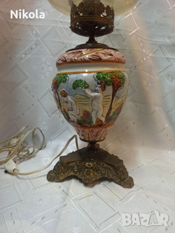 Антикварна висока настолна лампа Capodimonte -бронзова основа с орнаменти и порцелан, снимка 10 - Антикварни и старинни предмети - 52011738